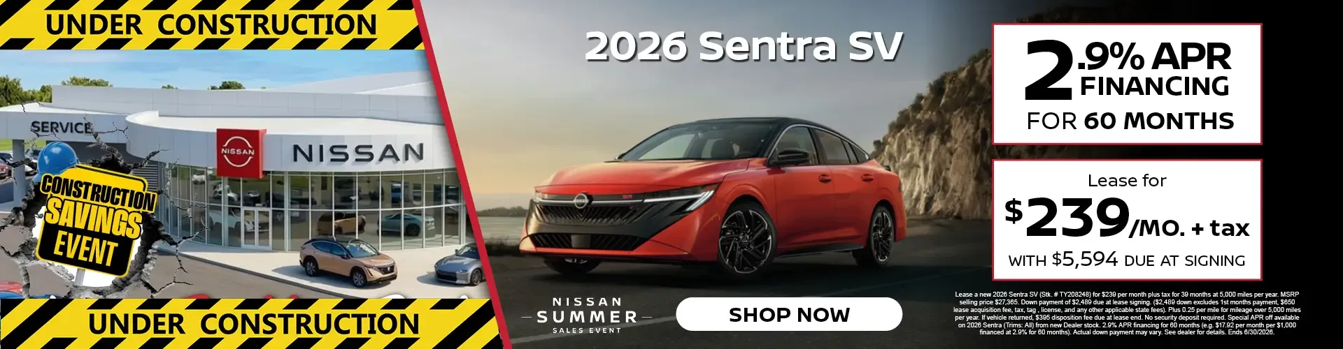 Bella Nissan of Venice 2.9 percent financing for 60 months on the 2026 Sentra SV or lease for $239 per month.